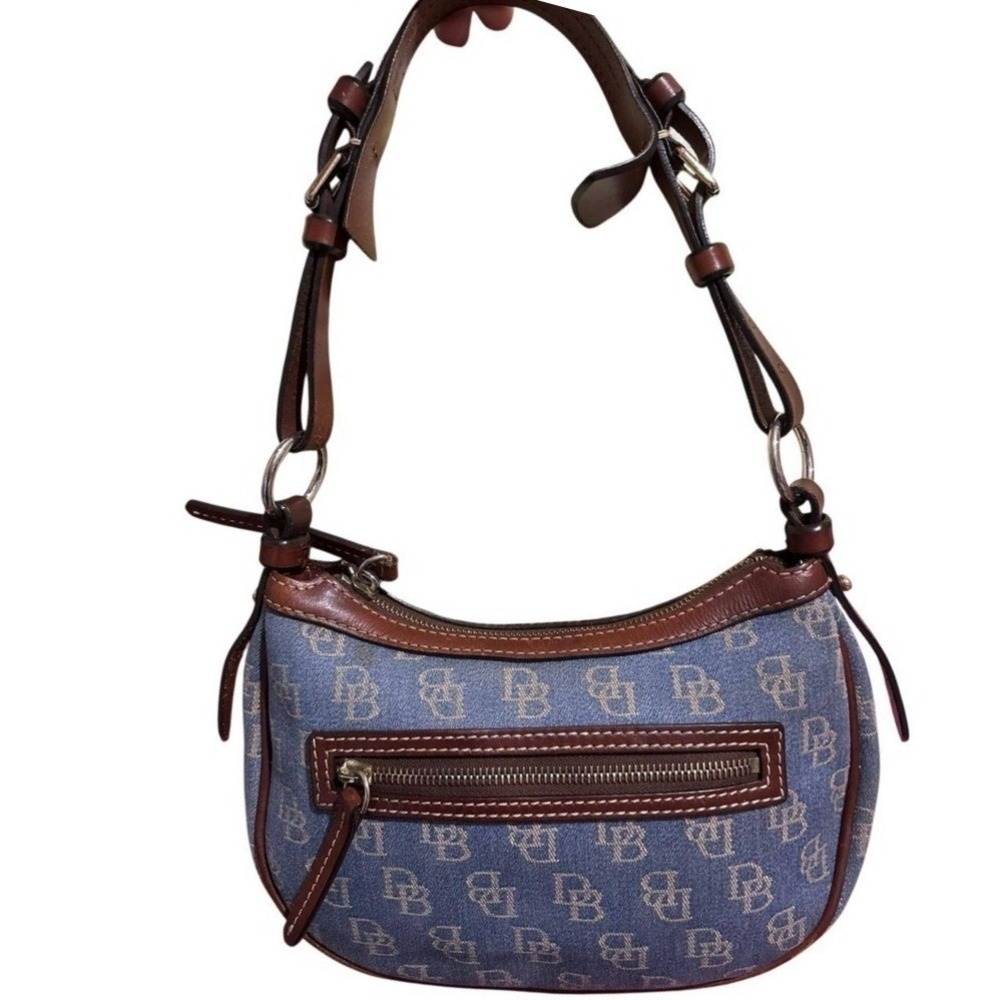Dooney & Bourke Denim Monogram Hobo Shoulder Bag Brown Leather Trim Blue Y2K